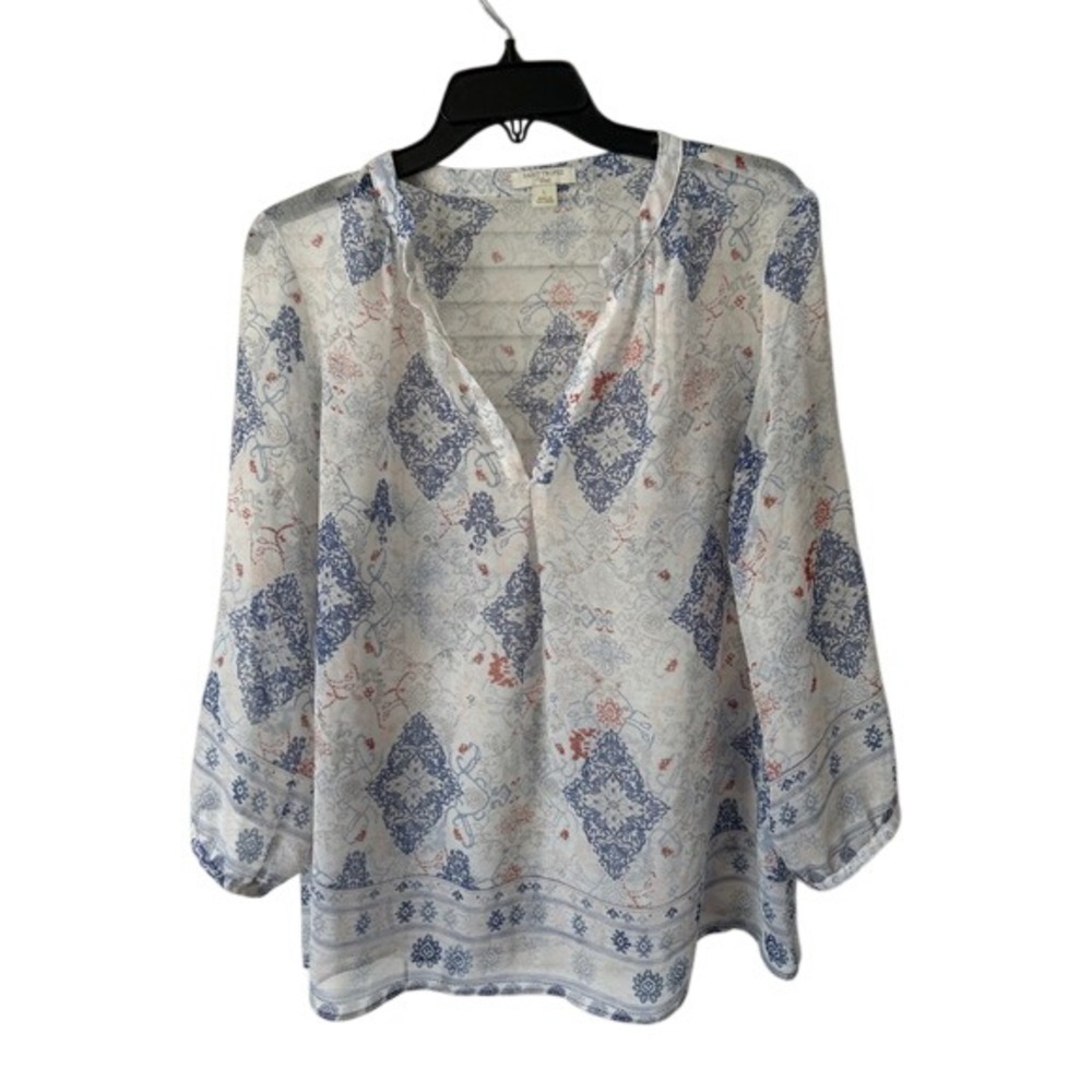 Saint Tropez West‎ Women Blue Orange Paisley Medallion Sheer Boho Blouse Large